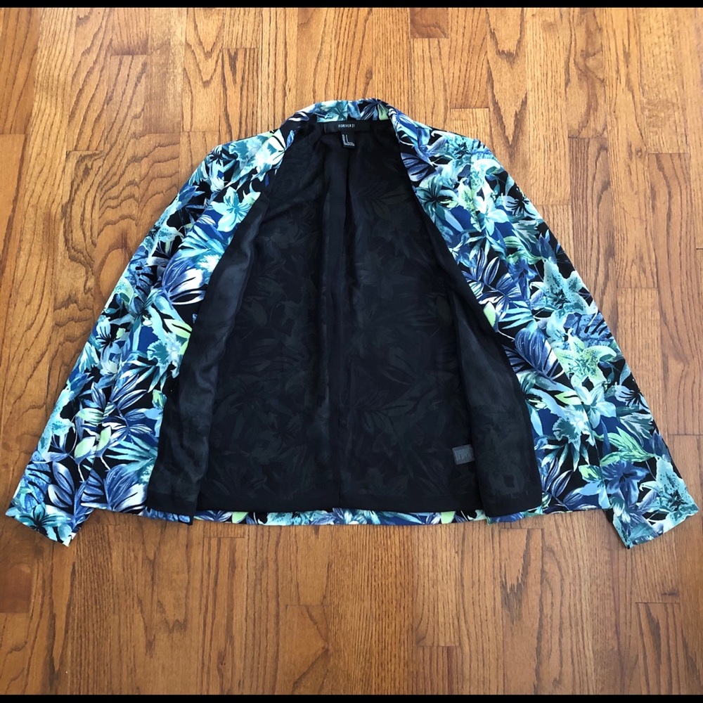 Forever 21 Blue Green Black Floral Leaf Blazer - Picture 2 of 5